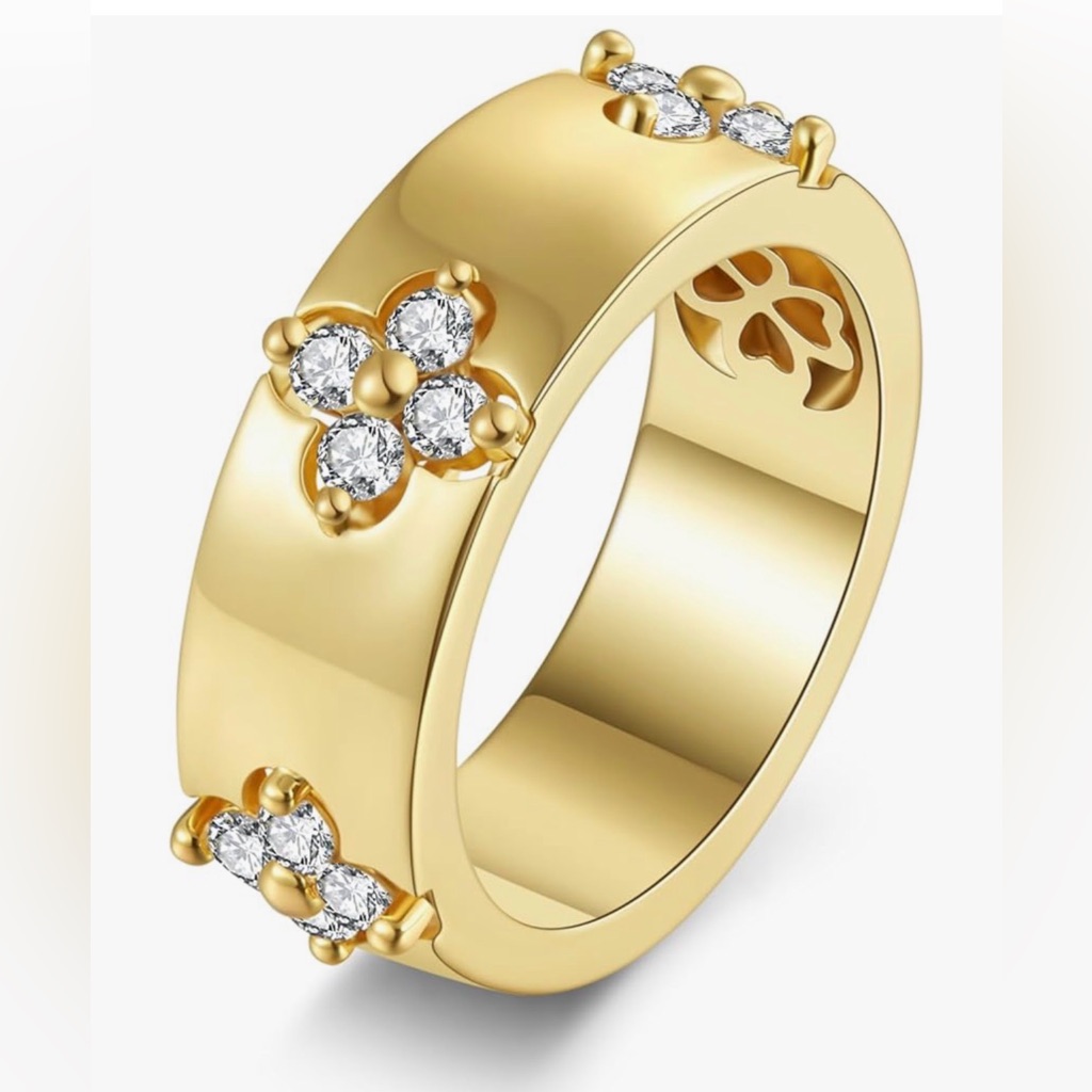 Gold Band Ring With Crystal Flower Accents  Women Jewelry